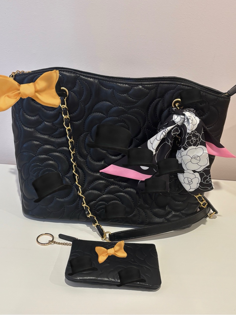 Black Quilted Floral Tote with Gold Chain